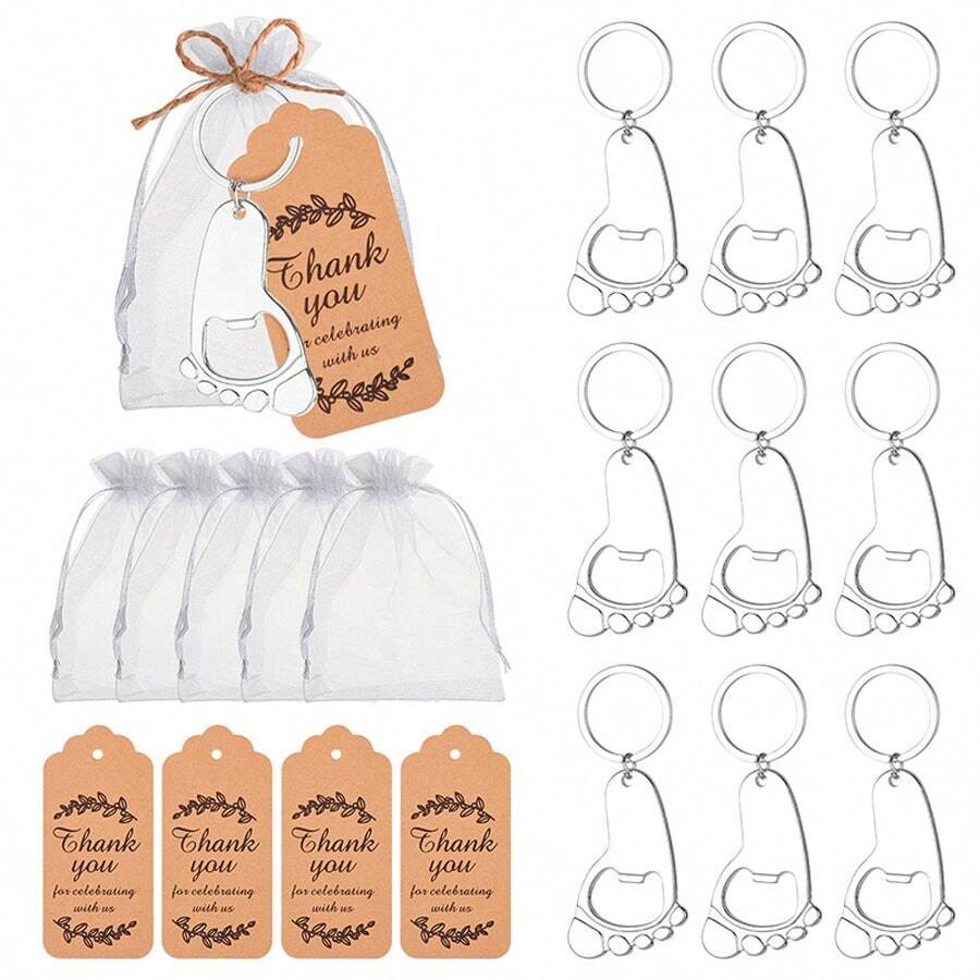 10pcs Baby Shower Favor Footprint Metal Keychain Bottle Openers With Organza Bags And Thank You Tagsbaby Shower Family Decorations Gifts