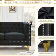 Velvet Living Room Sofa Set Of 2, Comfy Loveseat And 3 Seater Couch, Modern Sofa With Tufted Back And Rivet Decoration, Upholstered Long Couch With Solid Golden Metal Tapered Legs For Apartment, Office - màu đen - Xem 3
