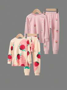 4pcs Young Girls Strawberry Fruit Print Long Sleeve Pajama Set, Cartoon Print Nightwear Set For Autumn And Winter