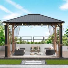 10x12 Hardtop Metal Gazebo,Heavy Duty Pergola With Mosquito Nets&Galvanized Steel,Sturdy Outdoor Canopies Tent,Suitable For Gardens,Patio,Backyard - 淺灰色 - 查看 1