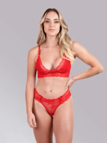 Sexy Butterfly Thong Set Padless Lace Bra Comfortable Women's Intimate Fashion - Đỏ - Xem 1