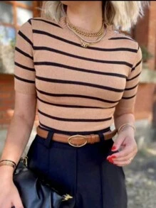 Luxury Modal High Elasticity Short Sleeve Striped Blouse - 米色 - 查看 1