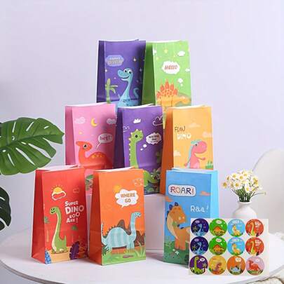 24pcs Dinosaur Theme Gift Bags With Stickers, Includes 12 Paper Bags And 12 Stickers, For Candy, Toys And Party Decorations Back To School Valentine Day