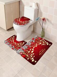 1 Stück/4 Stücke Weihnachts Multifunktions Badezimmer Dekor Set: Wasserdichter Duschvorhang mit 12 Haken, rutschfeste Badematte, U-förmige Toilettenvorlage und runde Toilettendeckel, Badezimmer Accessoires Herbst Dekoration Rückkehr zur Schule