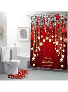 1 Stück/4 Stücke Weihnachts Multifunktions Badezimmer Dekor Set: Wasserdichter Duschvorhang mit 12 Haken, rutschfeste Badematte, U-förmige Toilettenvorlage und runde Toilettendeckel, Badezimmer Accessoires Herbst Dekoration Rückkehr zur Schule