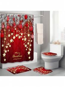 1 Stück/4 Stücke Weihnachts Multifunktions Badezimmer Dekor Set: Wasserdichter Duschvorhang mit 12 Haken, rutschfeste Badematte, U-förmige Toilettenvorlage und runde Toilettendeckel, Badezimmer Accessoires Herbst Dekoration Rückkehr zur Schule