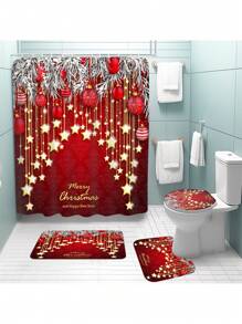 1 Stück/4 Stücke Weihnachts Multifunktions Badezimmer Dekor Set: Wasserdichter Duschvorhang mit 12 Haken, rutschfeste Badematte, U-förmige Toilettenvorlage und runde Toilettendeckel, Badezimmer Accessoires Herbst Dekoration Rückkehr zur Schule