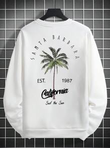 Men Casual Vacation Palm Tree Print Crew Neck Sweatshirt, Fall