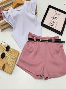 Miguxas Kids Youth Set Tailored Shorts With Belt And Ribbed Ribbed Blouse - Màu hồng gỉ - Xem 2