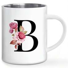 1PC, Letter Flower Print A-Z Double Wall Coffee Mug, Stainless Steel Cups, Novelty Metal Coffee Mug Gifts For Men, Monogrammed Gifts For Women, Christmas Gifts, Birthday Gift, 11 OZ White Back To School - Multicolor - View 16
