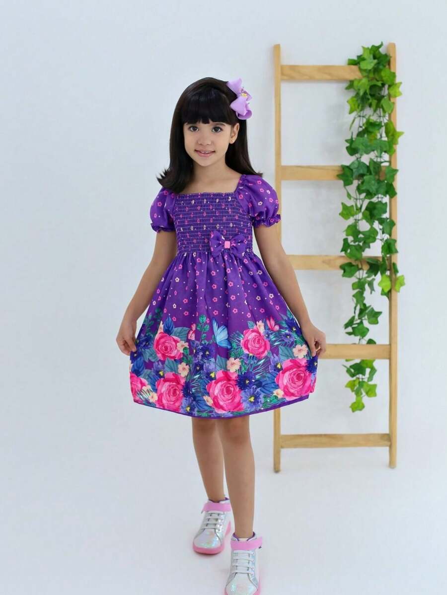 Children's Dress With Purple Floral Butterfly Print - 紫色 - 查看 1