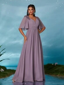 V-Neck Pearl Chiffon Ruffled Overlay High-End Evening Dress,Bridesmaid Dress - Dusty Purple - View 4