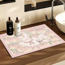 1 件郁金香兔子印花吸水碗碟干燥垫，新型防水厨房台面干燥垫，柔软硅藻土防滑快干垫，适用于厨房台面、咖啡机