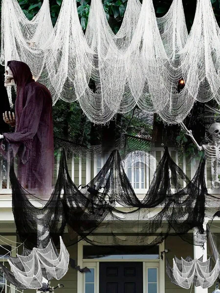 2pcs Halloween Spider Web Tear-Proof Horror Realistic Hanging Spider Webs In Black And White For Halloween Haunted House Decoration 72.05 Inch - Multicolor - View 1