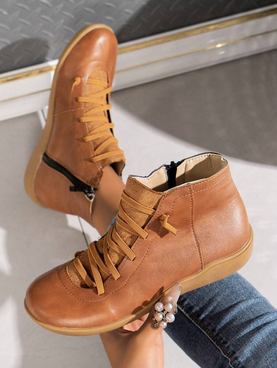 女士圆头平底软底防滑耐磨绒面拼接系带装饰拉链易穿脱优雅纯色设计踝靴适合户外活动、音乐节、啤酒节、时尚派对 - 棕色 - 查看 1