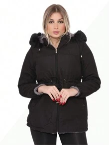 Women's Double-Sided Plush Lined Twill Parka Jacket - 黑色 - 查看 6