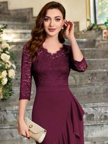 MIUSOL Elegant V Neck Floral Lace Ruffle Evening Party Dress, Formal Prom Gown, For Wedding Guest, Graduation, Dinner, For Valentine's Day Spring - Burgundy - View 8