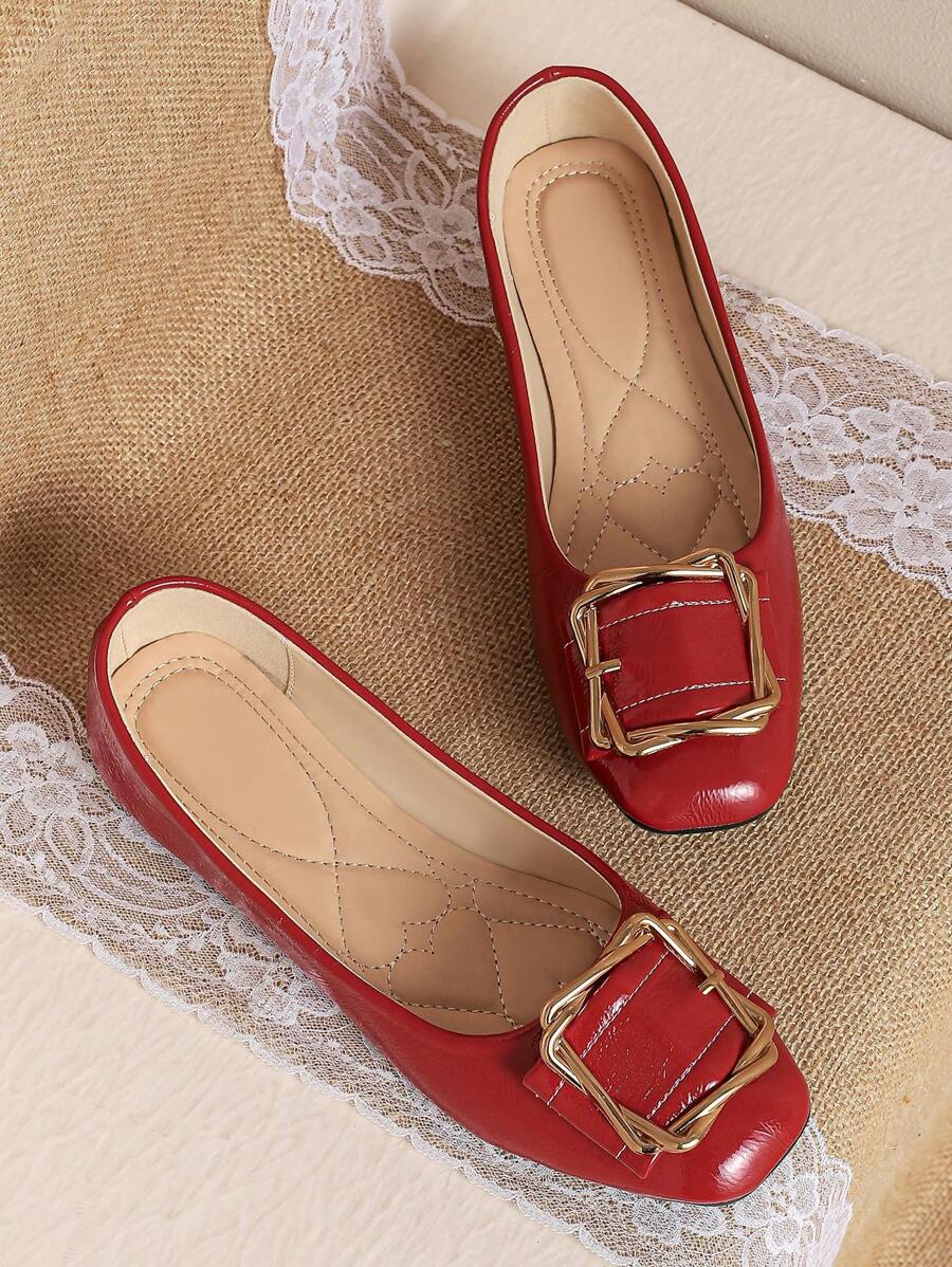 女士方头平底鞋,浅口软底老奶奶乐福鞋,酒红色,百搭,适合办公室和传统中式风格,春秋季节 - 紅色 - 查看 1