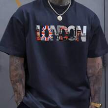 Camiseta Masculina de Manga Curta London City Print, Casual Confortável Gola Redonda Tops, Roupa Diária de Verão - Azul Marinho - Visão 1