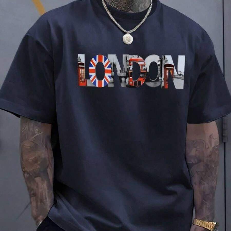Camiseta Masculina de Manga Curta London City Print, Casual Confortável Gola Redonda Tops, Roupa Diária de Verão - Azul Marinho - Visão 1