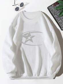 Men's Simple Printed Crew Neck Long Sleeve Sweatshirt, For Fall - White - View 4