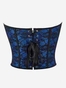Blue Corset Top Bustier, Front Button Closure, Back Laced Strapless Shapewear Slim Fit Crop Top - Blue - View 3