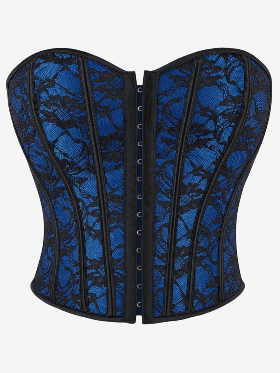 Blue Corset Top Bustier, Front Button Closure, Back Laced Strapless Shapewear Slim Fit Crop Top - Blue - View 1