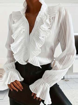 Elegant Floral Trim Collar, Cuff And Chest Design Blouse, Suitable For Office Wear And Everyday,Spring/Summer Wear