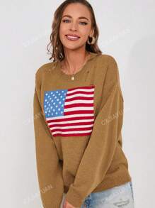 Gebreide trui met vlagpatroon in de herfst/winter, modieuze casual noodlijdende losse oversized trui voor dames