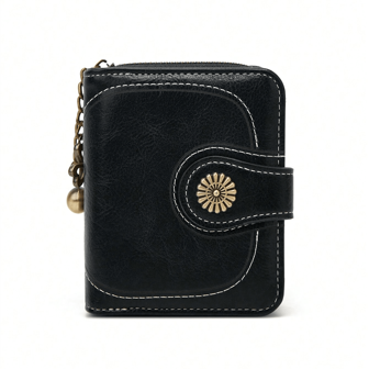 Mini billetera plegable de mujer encerado, estuche de tarjetas vintage, bolso de embrague pequeño para mujer