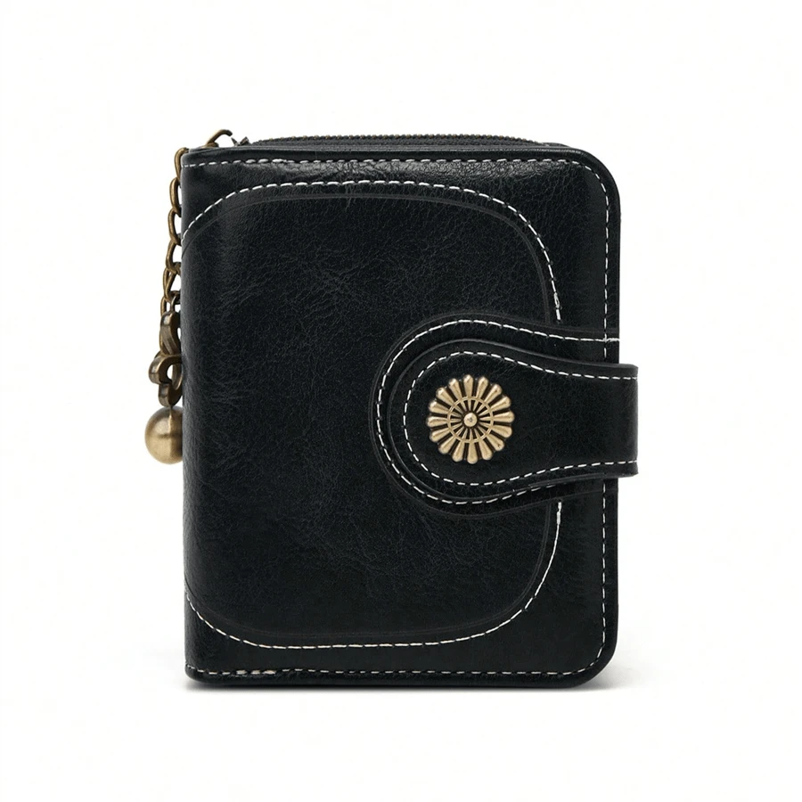 迷你新款油蜡皮革零钱包女士三折钱包卡包复古手拿包女士小钱包钱包钱包小钱包 - 黑色 - 查看 1