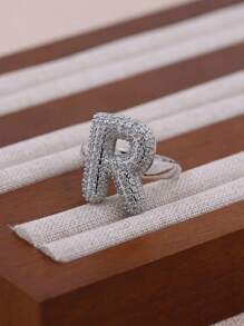 KEJIALAI 1pc New Luxury Big Exaggerated Hip-Hop Style A-Z 26 Letter Ring, Copper Micropavé CZ Plated Platinum Men Women Initial Name Letter Ring - Letter - View 16