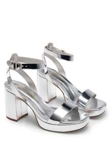 Women Chunky High Heeled Sandals, Adjustable Buckle Decor Ankle Strap Platform Sandals, Glamorous Open Toe Banquet Heeled Sandals, For School Party Prom, Wedding - Silver - View 7