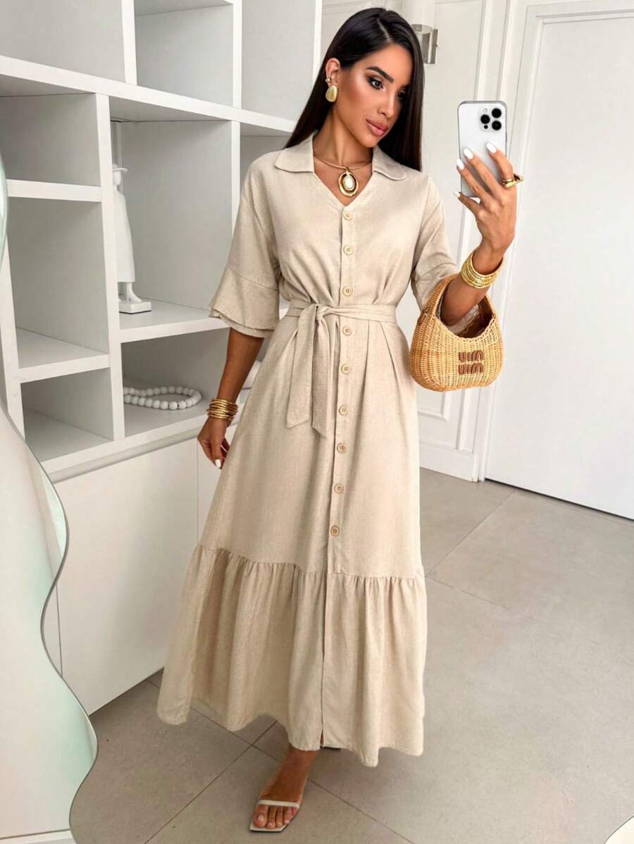 Women's Long Dress Short Sleeve Three Quarters Premium Viscolinho Fabric Elegant Casual Fashion - Màu Khaki - Xem 1