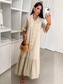 Women's Long Dress Short Sleeve Three Quarters Premium Viscolinho Fabric Elegant Casual Fashion - Màu Khaki - Xem 3