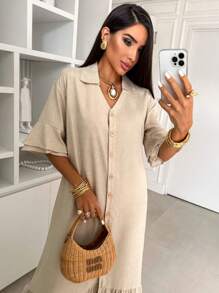 Women's Long Dress Short Sleeve Three Quarters Premium Viscolinho Fabric Elegant Casual Fashion - Màu Khaki - Xem 4