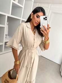Women's Long Dress Short Sleeve Three Quarters Premium Viscolinho Fabric Elegant Casual Fashion - Màu Khaki - Xem 6