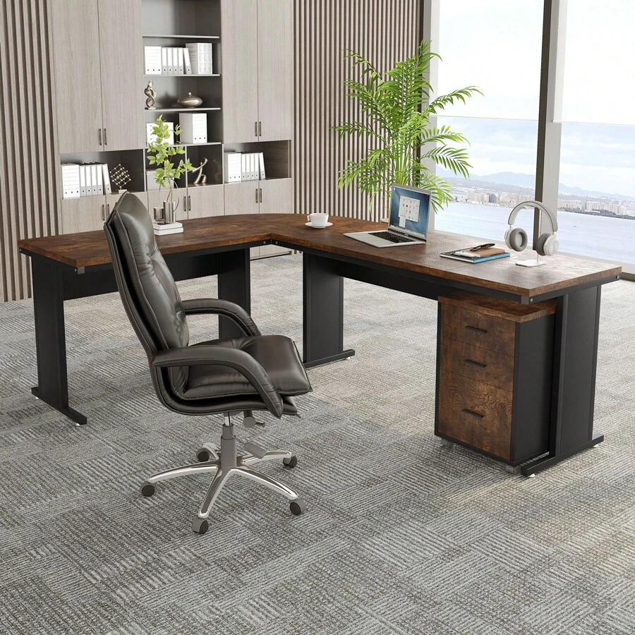 LITTLE TREE 83 Inch L-Shaped Desk With Drawers, Large Executive Office Desk With 3-Drawer File Cabinet, Industrial Corner Computer Desk Business Workstation Furniture For Home Office - Rustic Brown - View 1