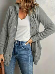 时尚新款厚针织纹理双口袋纽扣装饰连帽女式开衫，秋冬款 - 灰色 - 查看 4