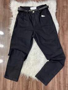 High Waist Mom Jeans With Plain Belt - 黑色 - 查看 2