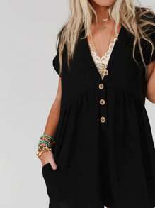 Boho Vintage Button Accent  Viscose Rayon Summer Cool Y2K Romper Jumpsuit Button Front V Neck - Black - View 3