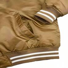 Men Solid Varsity Bomber Jacket Waterproof Fall Winter Summer Lightweight All Season Striped Trim Slant Pockets Baseball Jacket Snap Button - Taupe - View 5