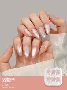 10 件手工佩戴假指甲套装，杏仁形灰色猫眼闪光指甲，适合日常和派对佩戴按压指甲美甲用品指甲