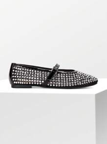 DREAM PAIRS Women's Ballet Mesh Flats Rhinestones Mary Jane Structure Round Toe Slip-On Fashionable Comfortable Commuter Party Shine Versatile Shoes