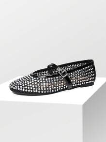 DREAM PAIRS Women's Ballet Mesh Flats Rhinestones Mary Jane Structure Round Toe Slip-On Fashionable Comfortable Commuter Party Shine Versatile Shoes
