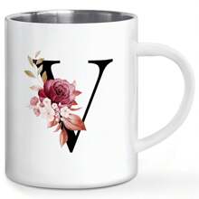1PC, Letter Flower Print A-Z Double Wall Coffee Mug, Stainless Steel Cups, Novelty Metal Coffee Mug Gifts For Men, Monogrammed Gifts For Women, Christmas Gifts, Birthday Gift, 11 OZ White Back To School - Multicolor - View 18