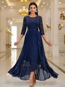 MIUSOL Đầm maxi dài tay lửng, ren hoa thanh lịch, thích hợp cho khách dự đám cưới và các dịp trang trọng. - Màu xanh hải quân - Xem 2