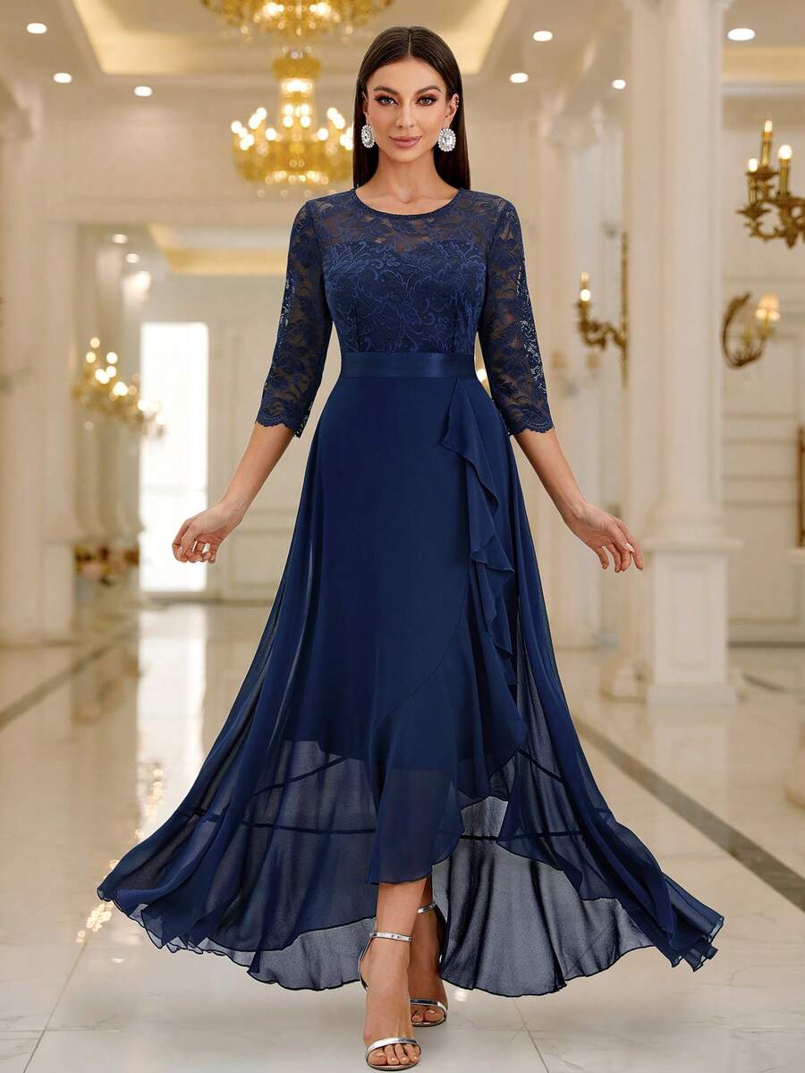 MIUSOL Đầm maxi dài tay lửng, ren hoa thanh lịch, thích hợp cho khách dự đám cưới và các dịp trang trọng.