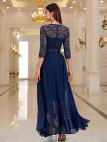 MIUSOL Đầm maxi dài tay lửng, ren hoa thanh lịch, thích hợp cho khách dự đám cưới và các dịp trang trọng. - Màu xanh hải quân - Xem 3