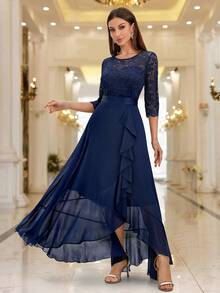 MIUSOL Đầm maxi dài tay lửng, ren hoa thanh lịch, thích hợp cho khách dự đám cưới và các dịp trang trọng. - Màu xanh hải quân - Xem 6
